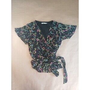 Mi Ami X Francesca’s Collection Wrap Blouse Top Womens L Black Floral Coquette